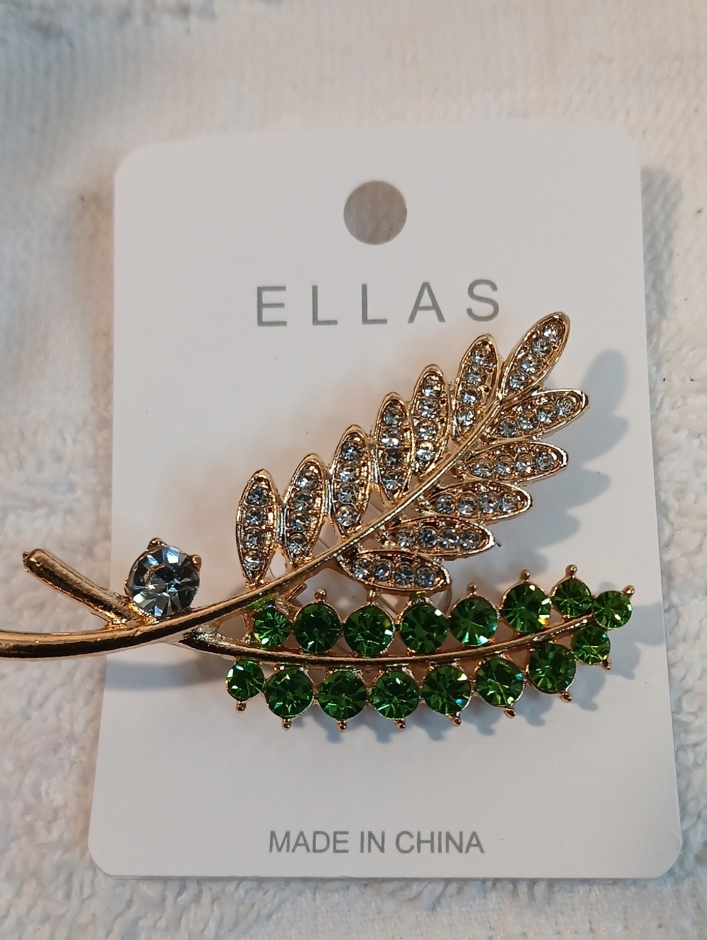 Ella Gold-Tone Leaf Brooch with Green and Clear Rhinestones